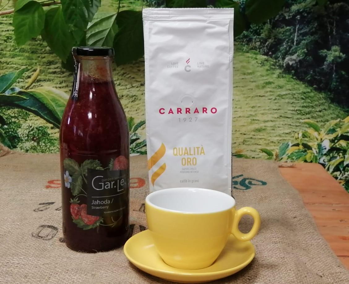 Balíček 3v1- Garle poctivý sirup jahodový 1l + Carraro zrnková káva 500g + šálek na velkou kávu 350ml